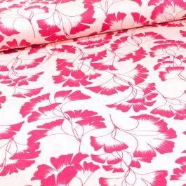 Tissu Coton Imprim Frou Frou Fleurs Ginkgo Fuchsia Sur Fond Ecru Par