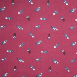 Tissu Velours Milleraies Plumes Noir Bleu Blanc Sur Fond Rose Par 10 Cm