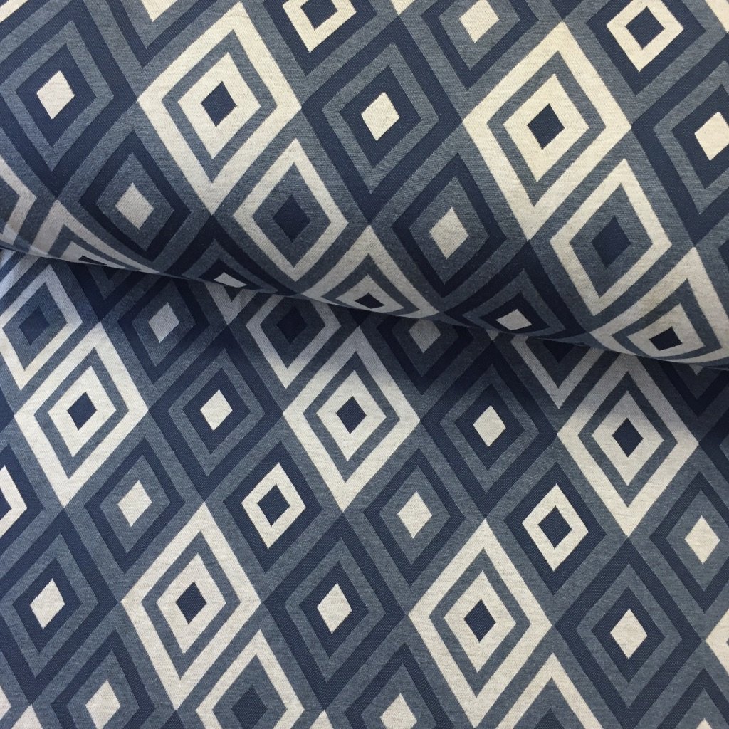 Tissu Maille jacquard Bleu jean Losanges Gris clair et blancs