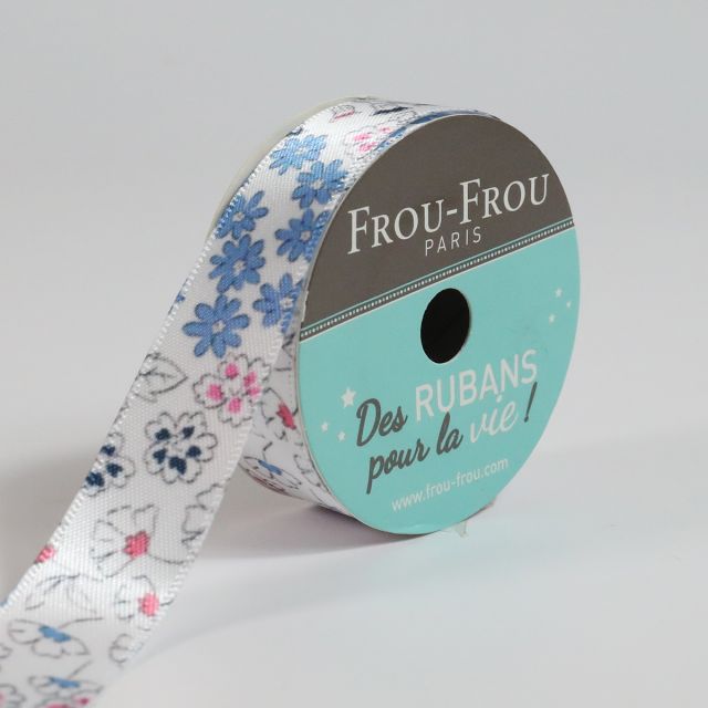 Bobinette Ruban Satin Fleuri Frou-Frou Ivoire nacre - 16 mm x 5 mètres