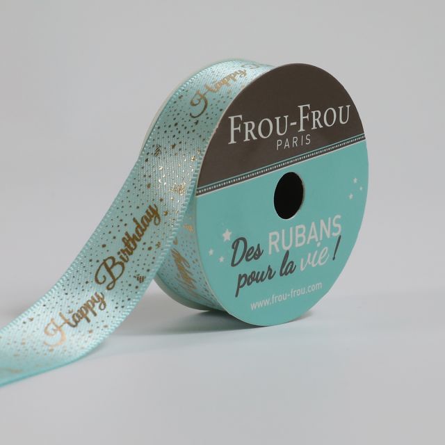 Ruban Satin Happy birthday Frou-Frou Céladon - 16 mm x 4 mètres