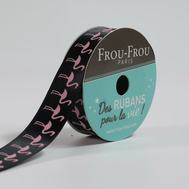 Ruban Satin Flamants roses Frou-Frou Noir de jais - 16 mm x 4 mètres