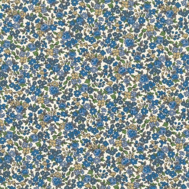 Tissu Coton Frou-Frou Fleuri N°15 Ecru et bleu - Par 10 cm