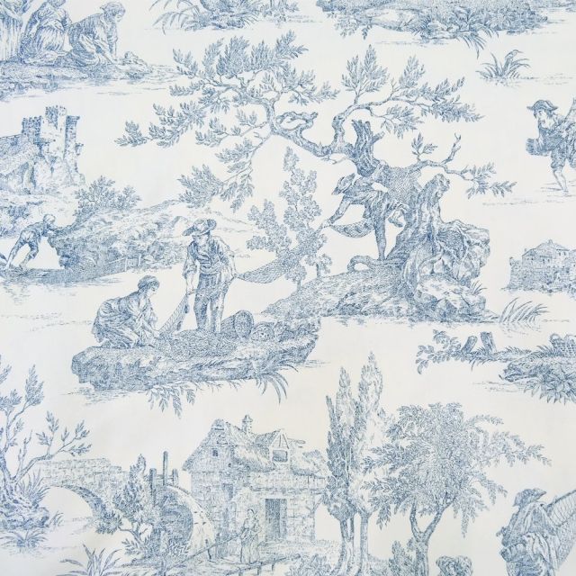 Tissu Toile de Jouy Bleu en 280 cm de largeur - Par 10 cm