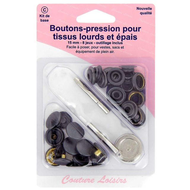 Boutons pressions tissus épais 15 mm outillage inclus - Noir