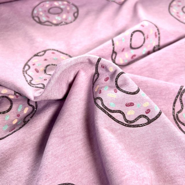 Tissu Jersey Mélangé Donuts pailletés sur fond Rose chiné