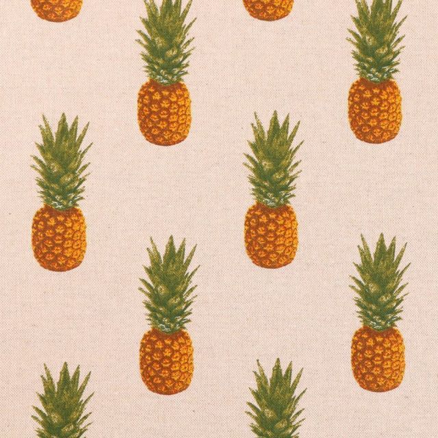 Tissu Toile de Coton Ananas oranges sur fond Beige - Par 10 cm