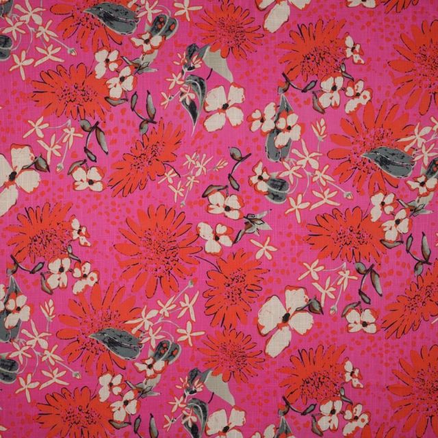 Tissu Lin Viscose Floral sur fond Rose fuchsia