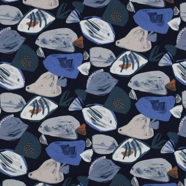 Tissu Toile Canvas Poissons sur fond Bleu ardoise