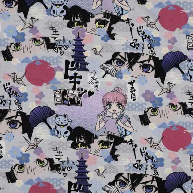 Tissu Jersey Coton digital Manga sur fond Parme