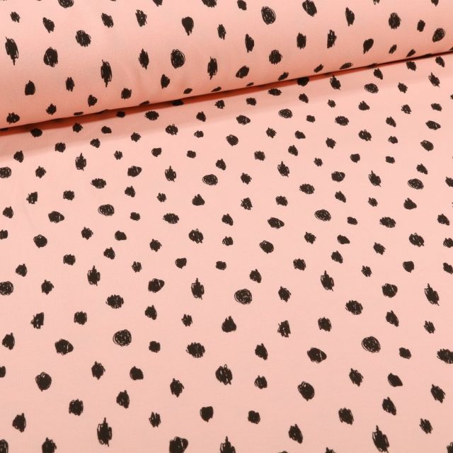 Tissu Sweat léger envers molletonné Bio Pois noirs sur fond Rose nude - Par 10 cm