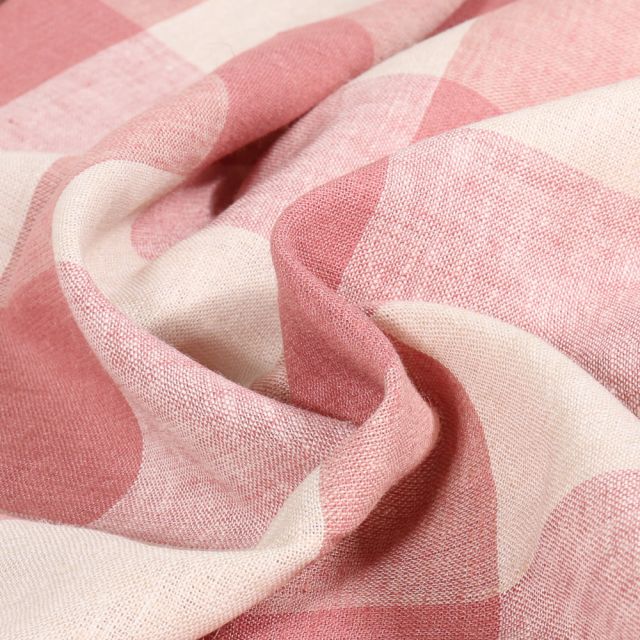 Tissu Lin Viscose Grand carreaux sur fond Rose