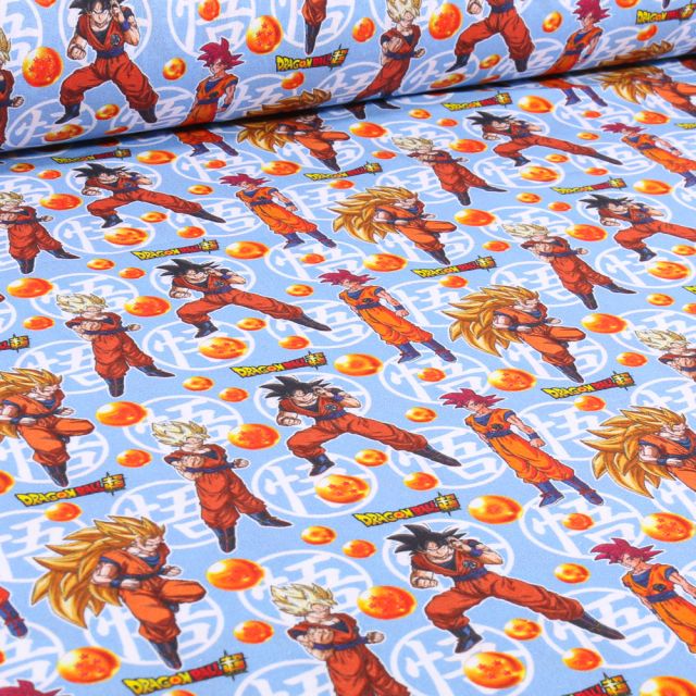 Tissu Coton imprimé Dragon ball Z Battle sur fond Bleu ciel