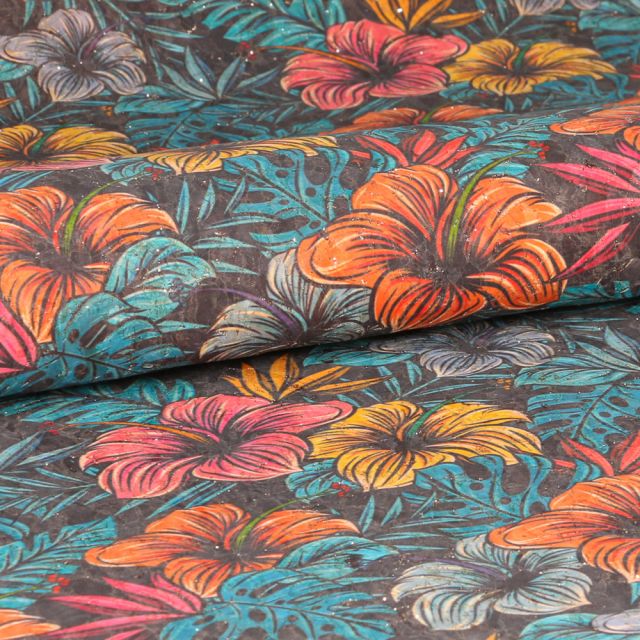 Tissu Liège  Hibiscus pailleté sur fond Gris anthracite