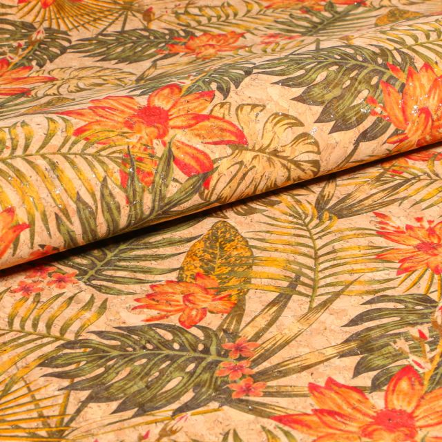 Tissu Liège  Feuilles tropical pailleté sur fond Naturel