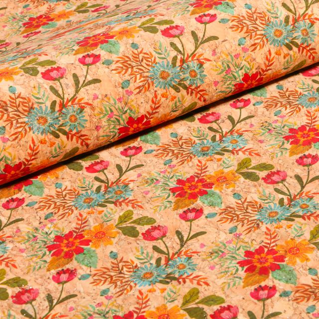 Tissu Liège  Fleurs des champs pailleté sur fond Naturel