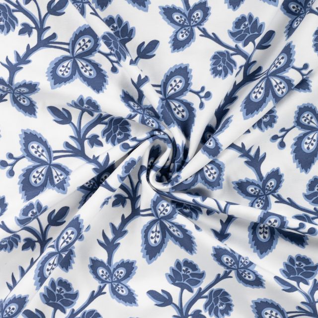 Tissu Jersey Coton imprimé Motif floral bleu sur fond Blanc