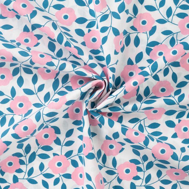 Tissu Popeline de Coton imprimé Fleuris Loulou bleu et rose sur fond Blanc