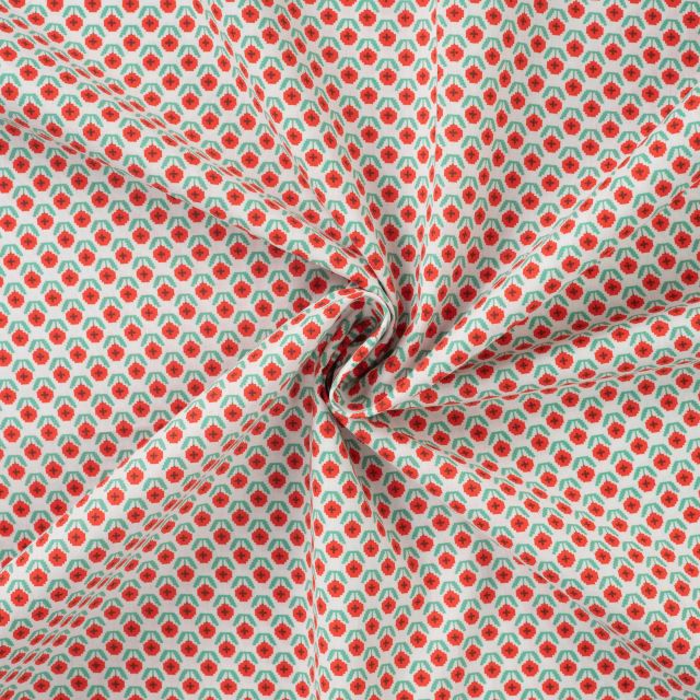 Tissu Popeline de Coton imprimé Petites fleurs rouge sur fond Blanc
