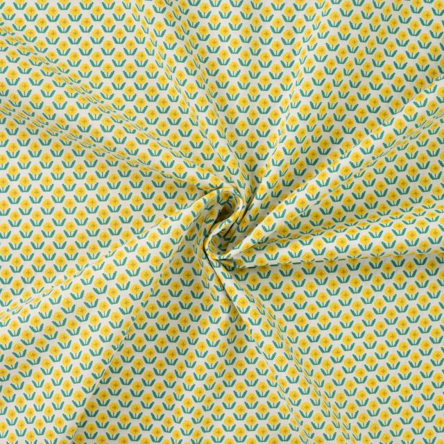 Tissu Popeline de Coton imprimé Petites fleurs jaune sur fond Blanc