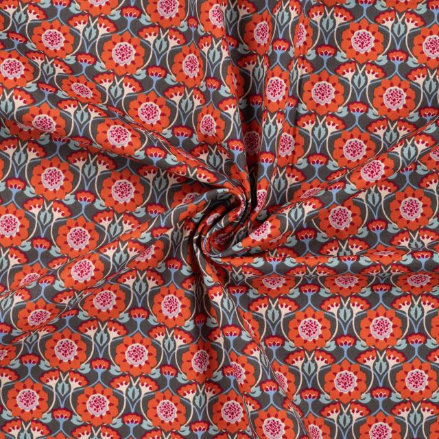 Tissu Popeline de Coton imprimé Lila fleuris rouge sur fond Gris anthracite