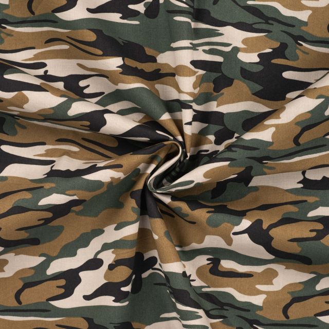 Tissu Popeline de Coton imprimé Camouflage marron et beige sur fond Vert foncé