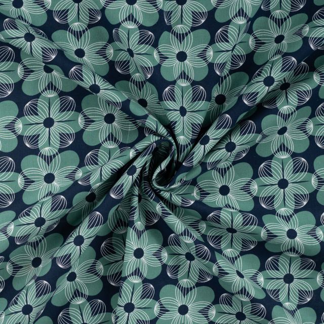 Tissu Popeline de Coton imprimé Fleuris géométrique sur fond Bleu marine