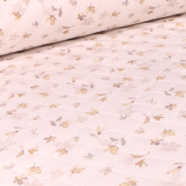 Tissu Matelassé Aquarelle fleuris kaki sur fond Ecru