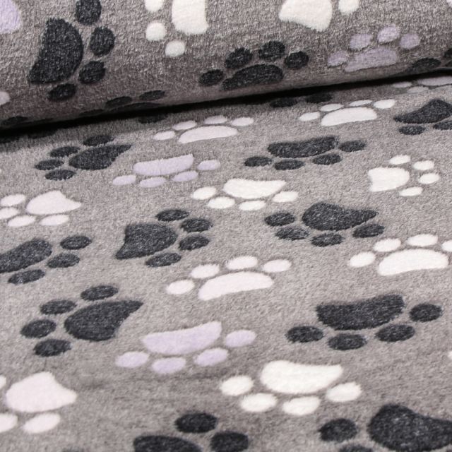 Tissu Doudou Patoune sur fond Gris