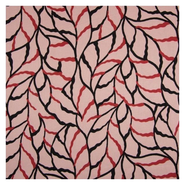 Tissu Viscose Twill Feuilles rouge et noir sur fond Rose nude - Par 10 cm