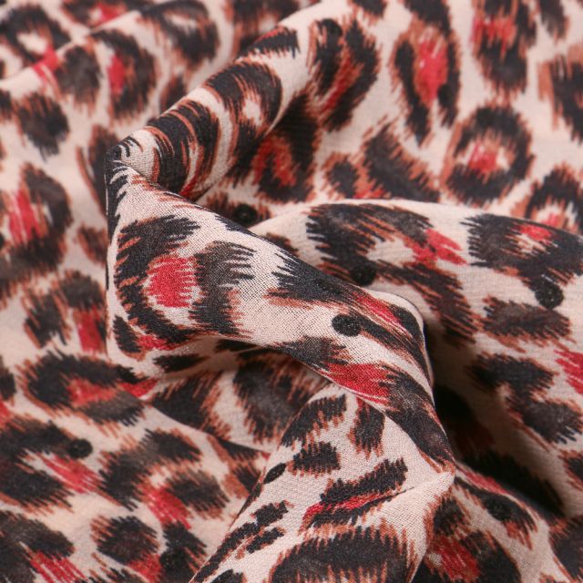 Tissu Mousseline Tâches léopard rouge sur fond Beige