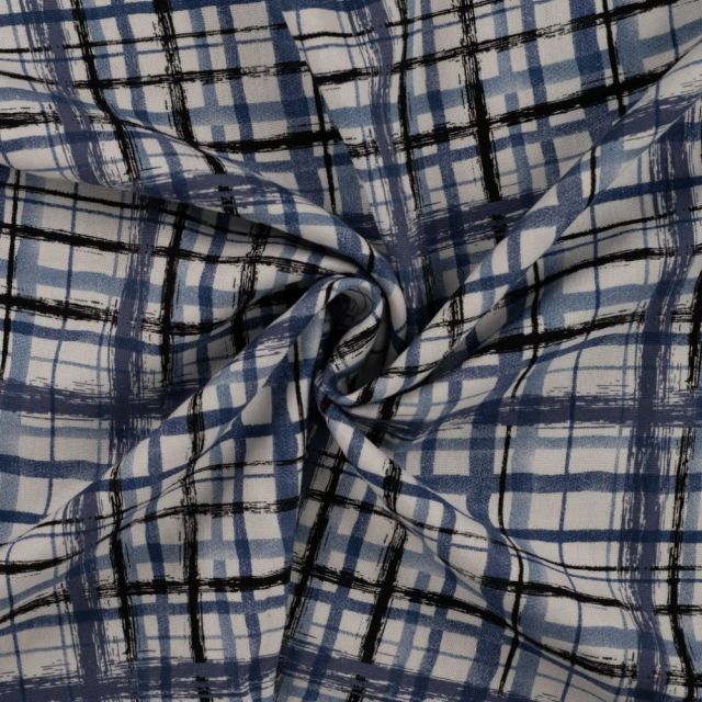 Tissu Lin Viscose Painted Check sur fond Bleu denim