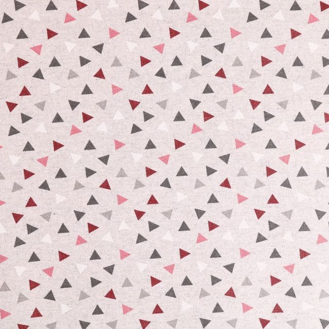 Tissu Toile de Coton Enduit Anti Tâches Triangles Rouges, roses et gris sur fond Beige - Par 10 cm