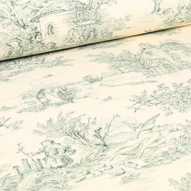 Tissu Toile de Jouy Grande largeur Au fil du temps Vert