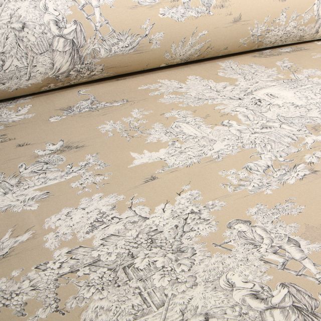 Tissu Toile de Jouy Grande largeur Au fil du temps Beige sable