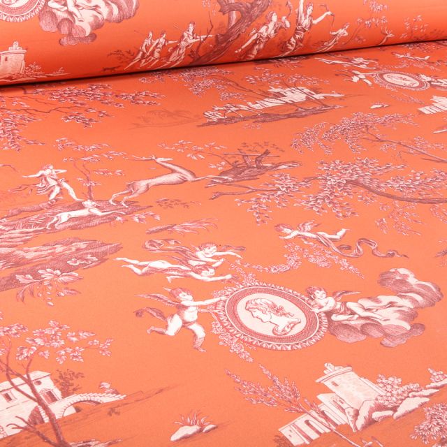 Tissu Toile de Coton grande largeur Camée sur fond Orange