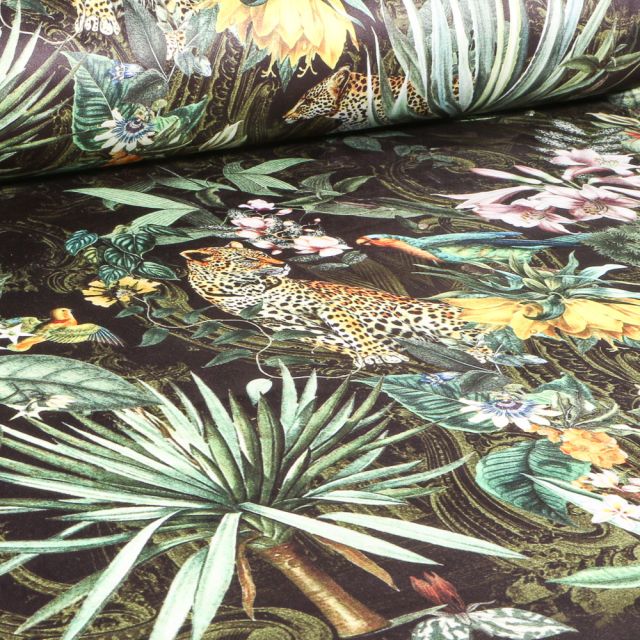 Tissu Velours d'ameublement ras épais tout doux Jungle baguera sur fond Noir