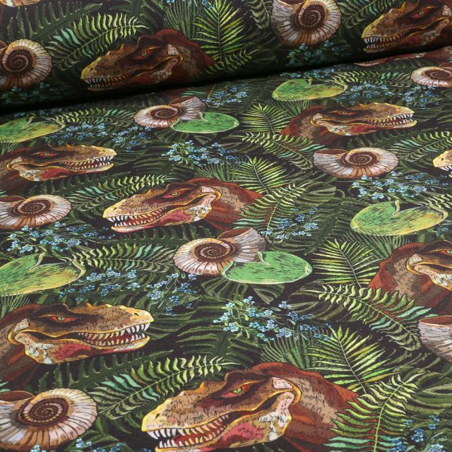 Tissu Softshell Digital Dino jungle sur fond Vert kaki foncé