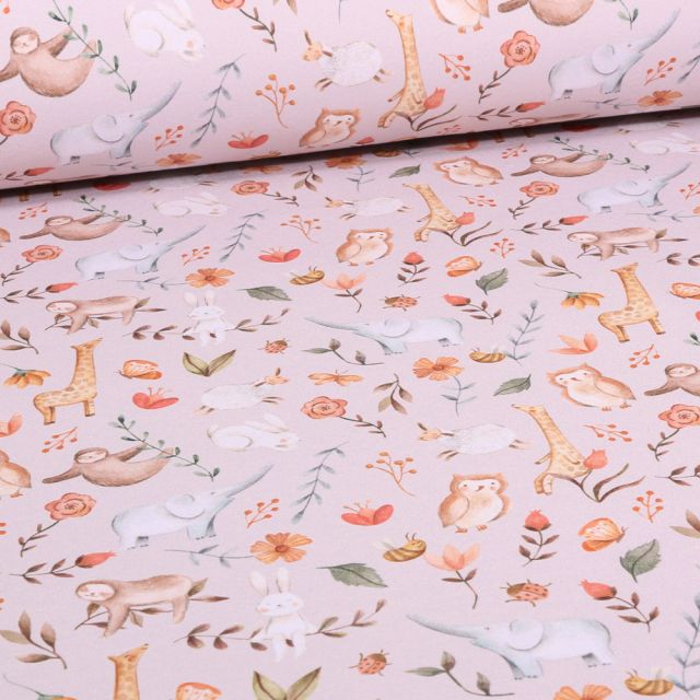 Tissu Softshell Animaux et fleurs envers rouille sur fond Beige