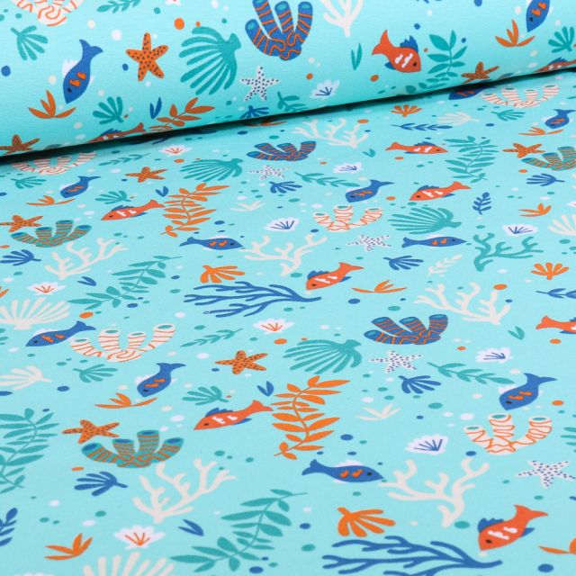 Tissu Jersey Coton Sealife sur fond Bleu lagon