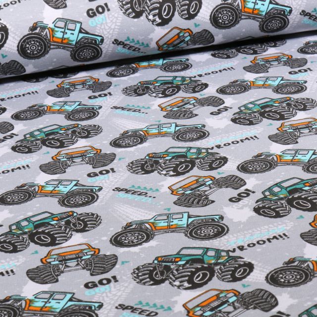 Tissu Jersey Coton envers gratté Monster truck sur fond Gris