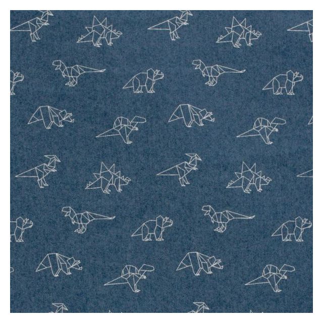 Tissu Jean Denim extensible Dino blancs sur fond Bleu jean