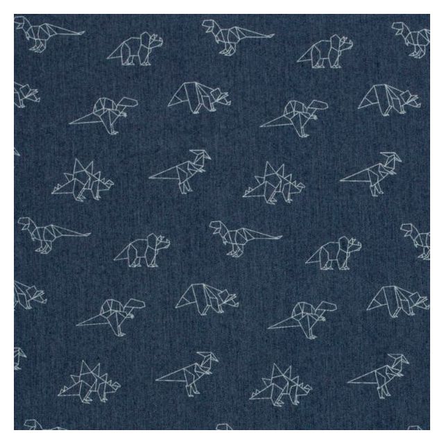 Tissu Jean Denim extensible Dino blancs sur fond Bleu marine