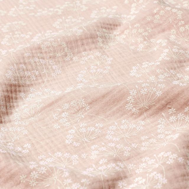 Tissu Double gaze imprimé Pissenlits blancs sur fond Rose clair