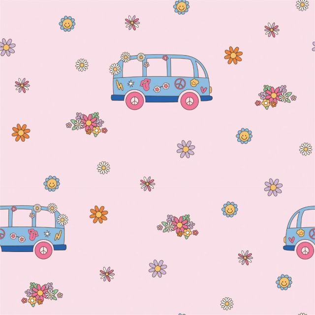 Tissu Jersey Coton Bus peace sur fond Rose clair