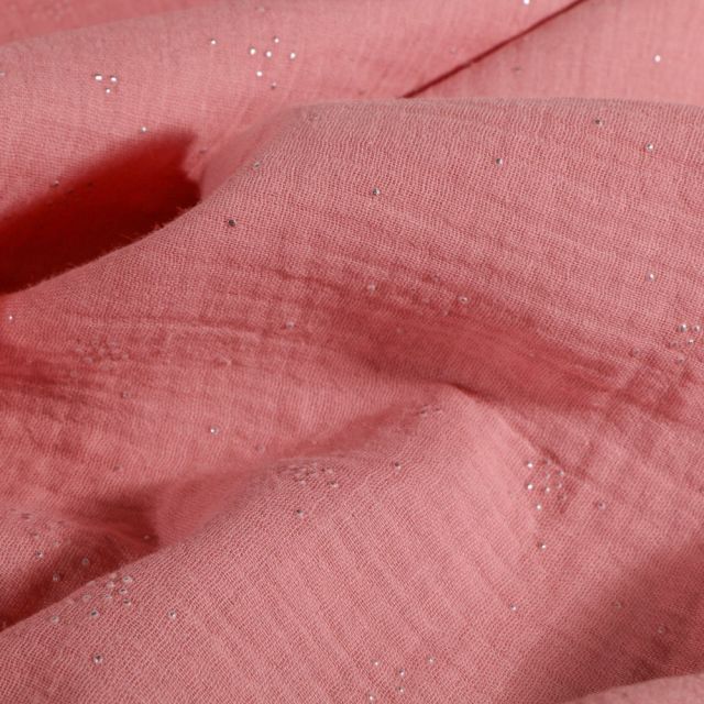 Tissu Double gaze Pois argentés Vieux rose - Par 10 cm