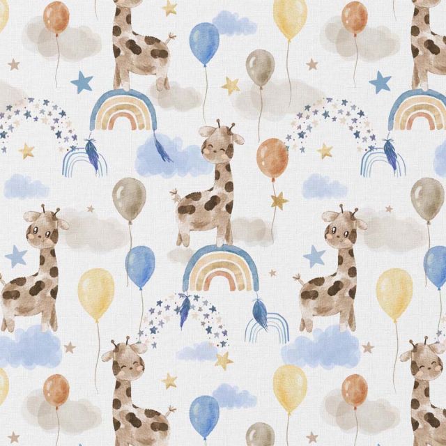 Tissu Coton digital LittleBird Girafe et ballon sur fond Blanc