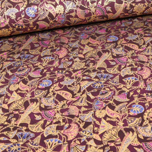 Tissu  Robert Kaufman Persis Wineberry végétal sur fond Violet foncé