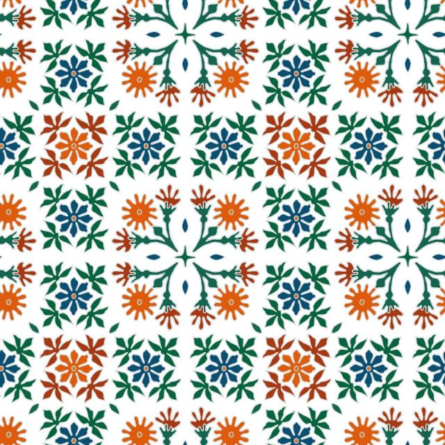 Tissu Coton imprimé Carreaux de ciment vert et orange sur fond Blanc