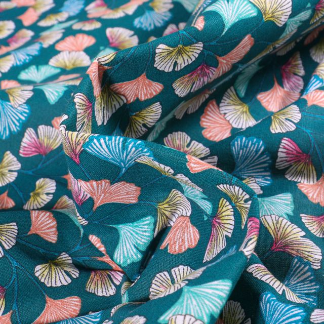 Tissu Coton imprimé  Arty Gingko multicolore sur fond Bleu pétrole